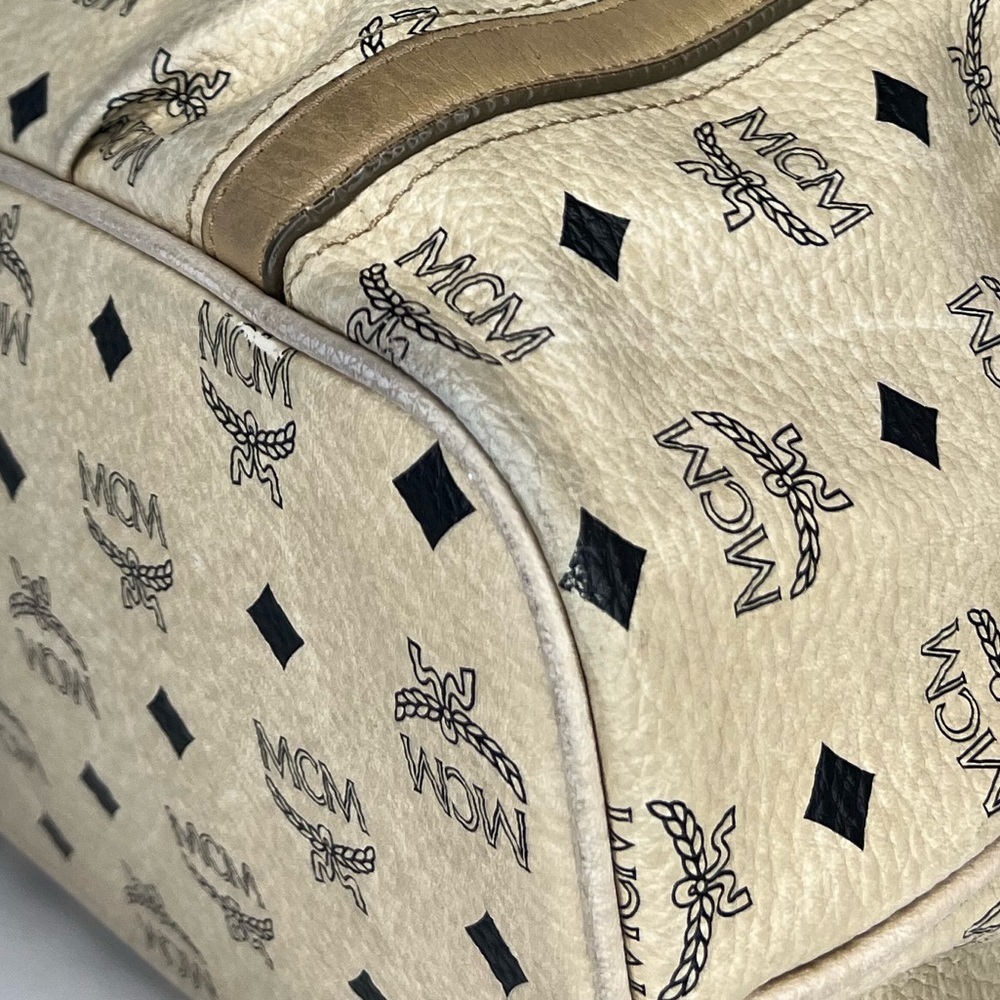 MCM Visetos Ivory Medium Shoulder Bag Logo Print Leather Trim Zip Top Designer - Picture 5 of 12